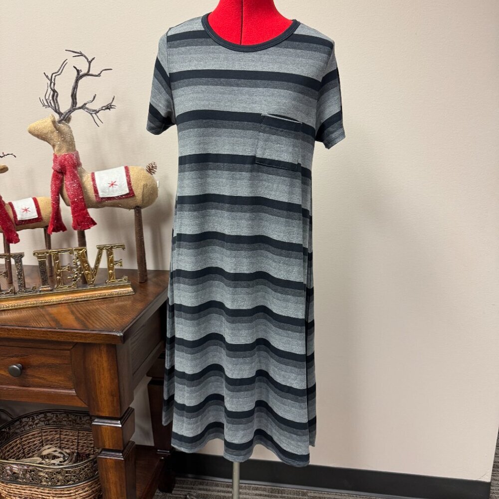 LuLaRoe Carly Swing Dress Hi Lo Black Grey Stripe  NEW size S
